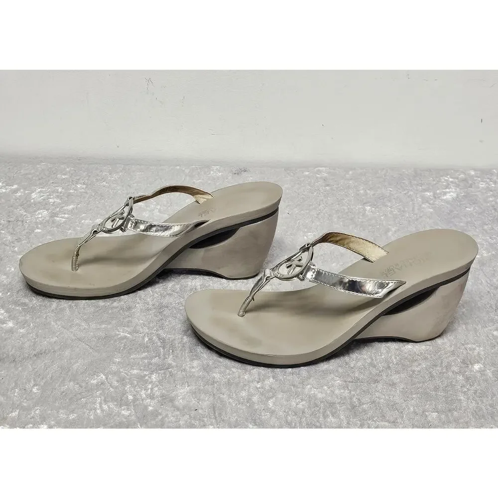 Michael Kors Warren Women Metallic T-Strap Thong Wedge Sandals-Size 7M